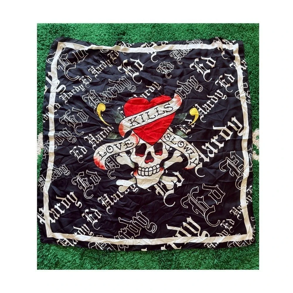 Ed Hardy Love Kills Slowly Skull Tattoo Print Square Scarf Black White Oversized
